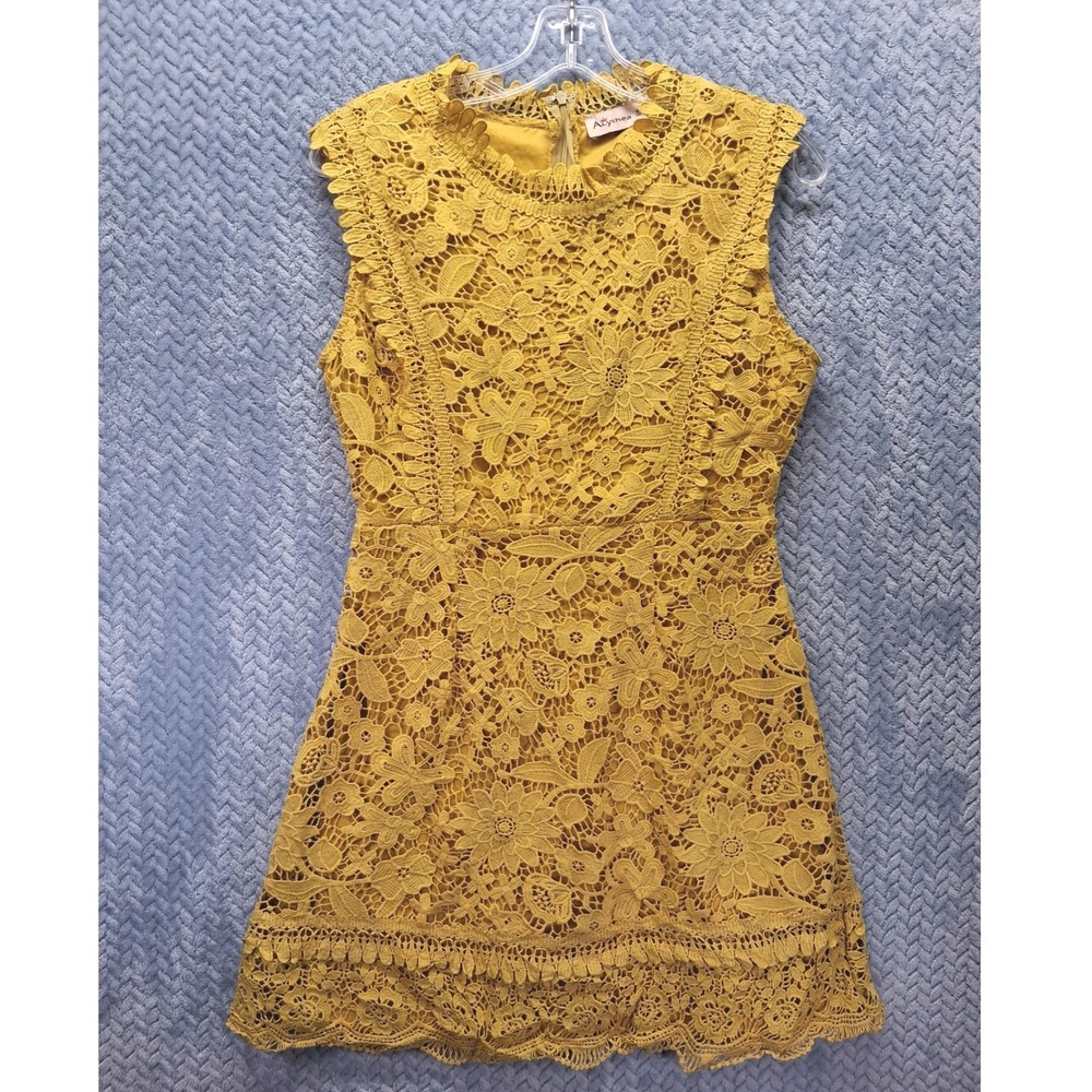 Alythea Mustard Yellow Floral Lace Sleeveless Mini Dress Medium Boho Gyspy